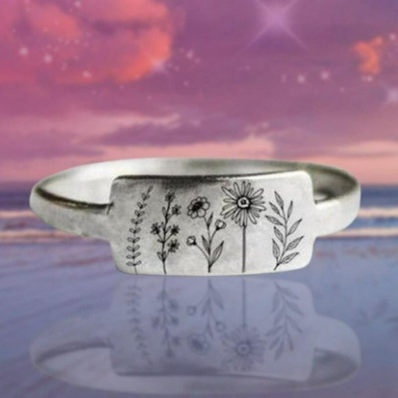 Carved Engraving Wildflowers Dandelion Daisy Silver Ring - Picture 8 of 8